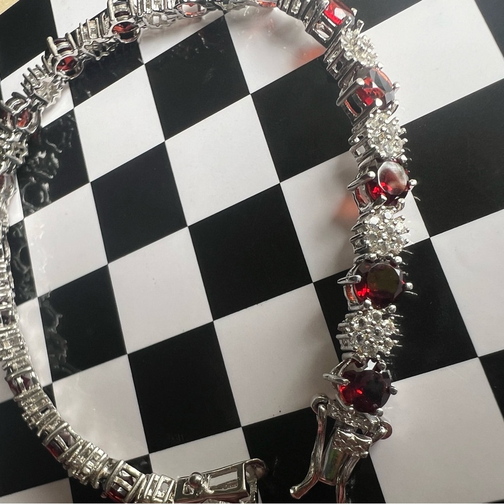Red Garnet ♥️ Rhodium over Sterling Silver 🩶 Bracelet - Picture 5 of 15